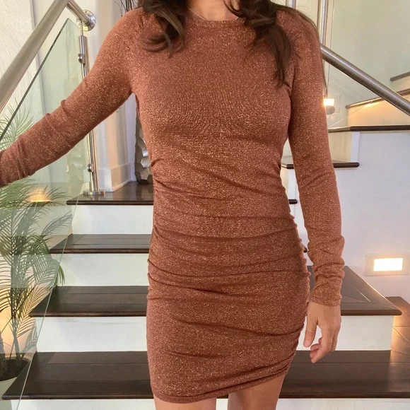 knee length dresses for ladies Light Pink Mesh Lace Long-Sleeve Midi Dress With Petite Sequin Embelli –  IHF STUDIO main image 1